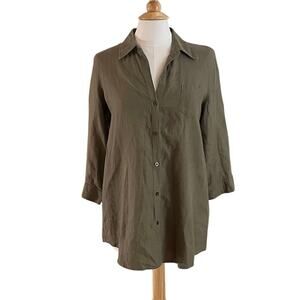 Zoe D. Olive Green Linen 3/4 Sleeve V-Neck Button Down Tunic / Long Shirt Size M